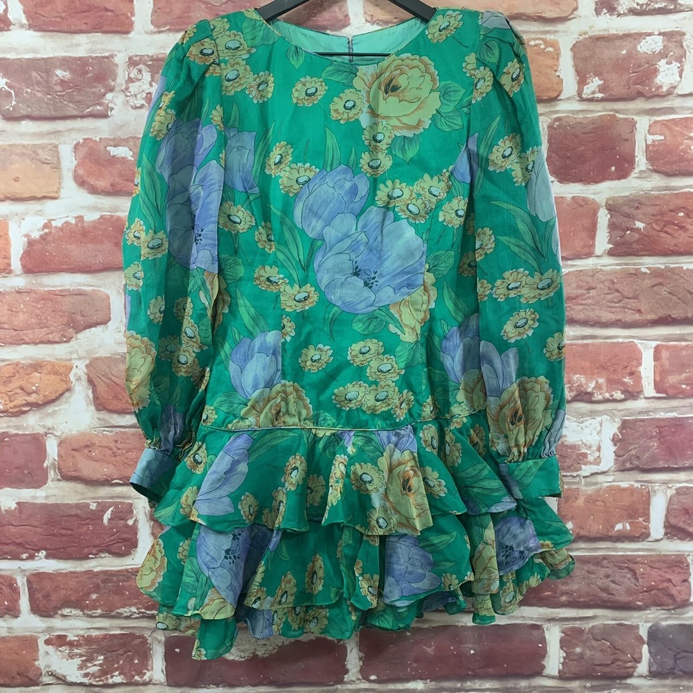 Vintage Michael Novarese Dress Women's S Green Garden Party Floral Chic Zip Up
